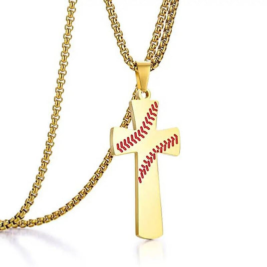 Stainless Steel Baseball Cross Chain Pendant Necklace For Men Sports Leisure Medal Accessories Gold