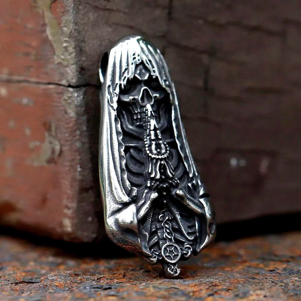 316L Stainless Steel Hooded Skull Prayer Pendant Necklace Men