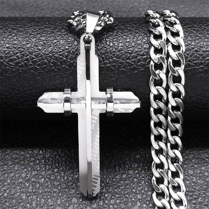 Gold-Tone 3D Cross Pendant – 316L Stainless Steel Men’s Chain Necklace Silver