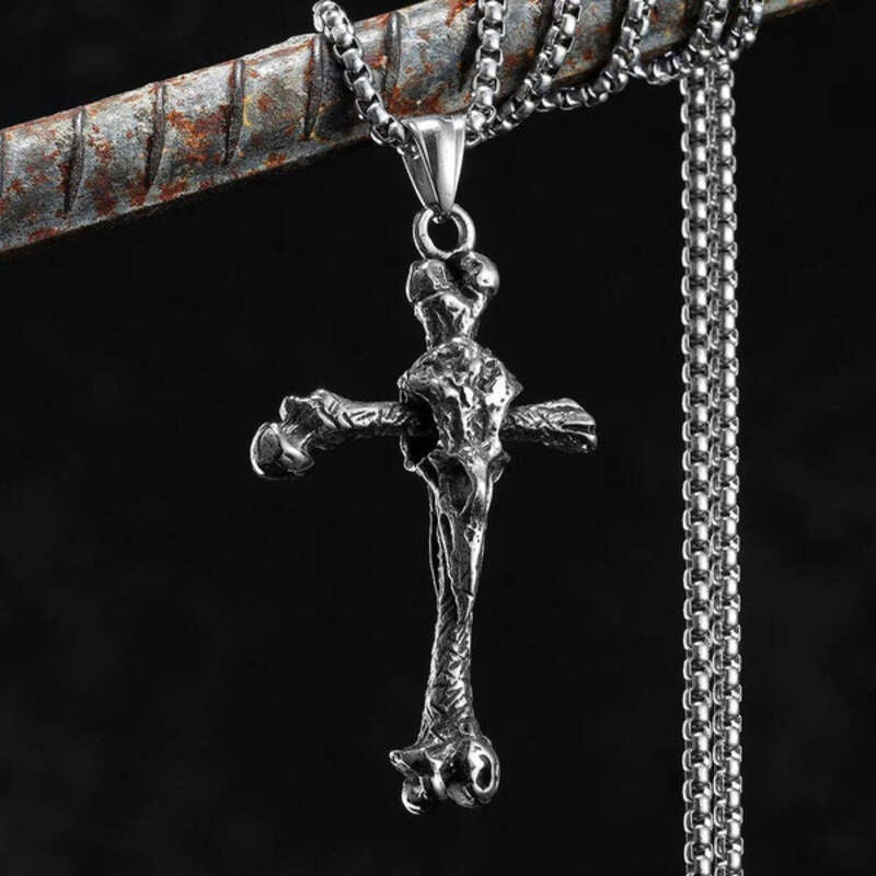 Skeletal Cross Pendant Necklace, Bold Gothic Religious Jewelry with Bone-Inspired Design