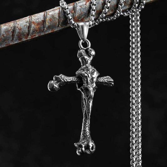 Skeletal Cross Pendant Necklace, Bold Gothic Religious Jewelry with Bone-Inspired Design