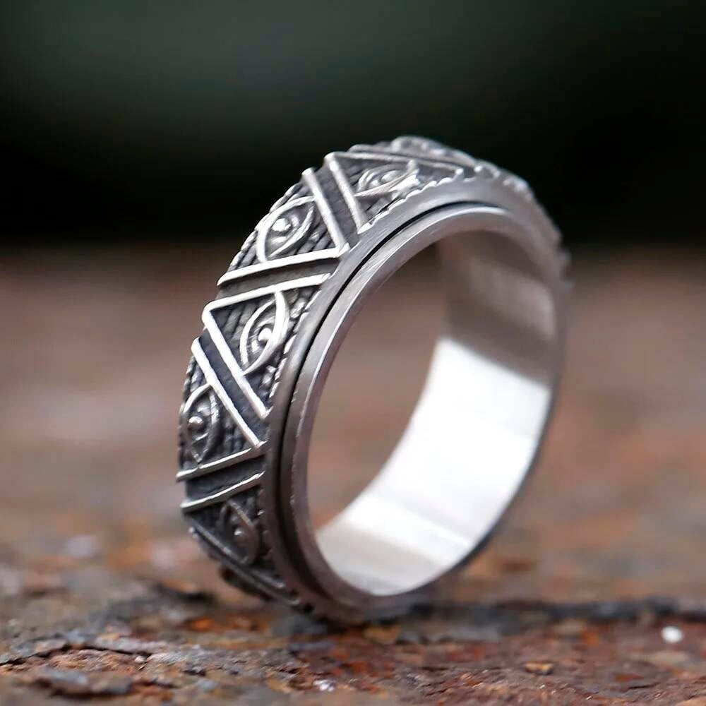 Rotating Eye of Horus Pyramid Ring – 316L Stainless Steel Mythic Statement Band