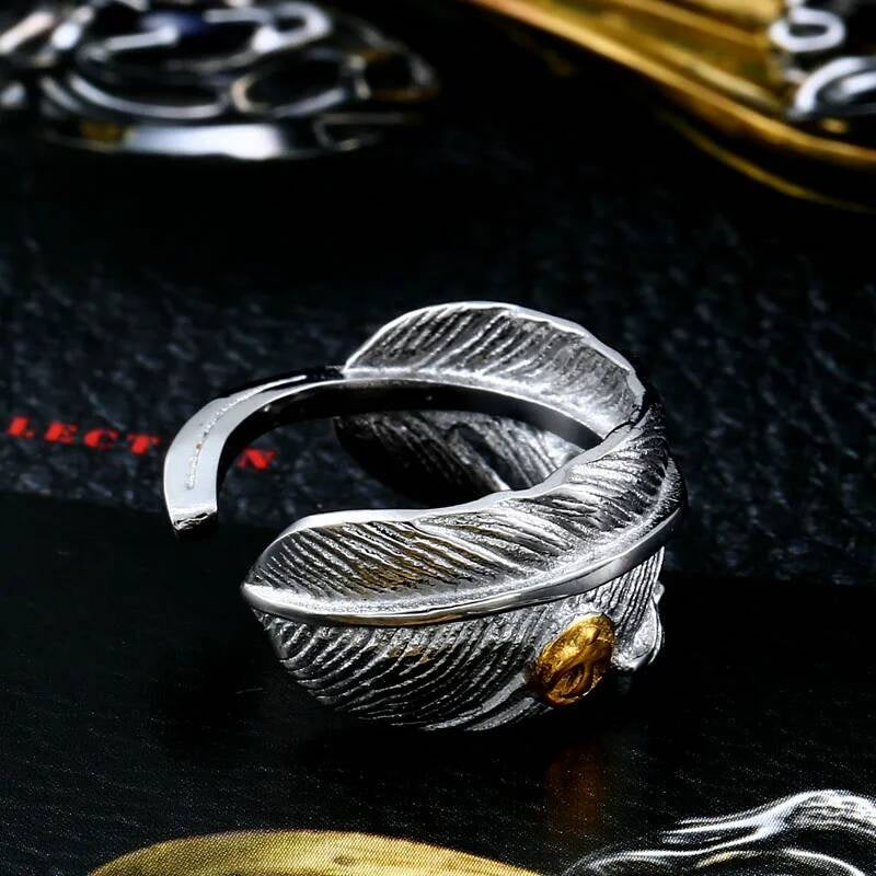 316L Stainless Steel Feather Ring Adjustable Nature Inspired Jewelry