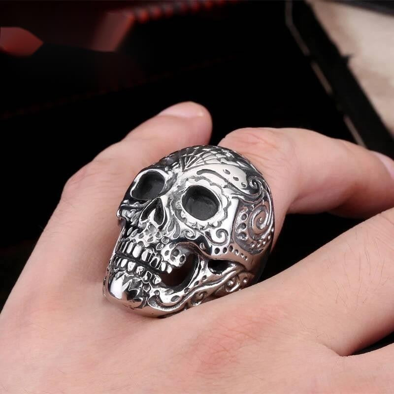 Floral Skull Garden Ring - Stainless Steel Gothic Nature Men's Jewelry