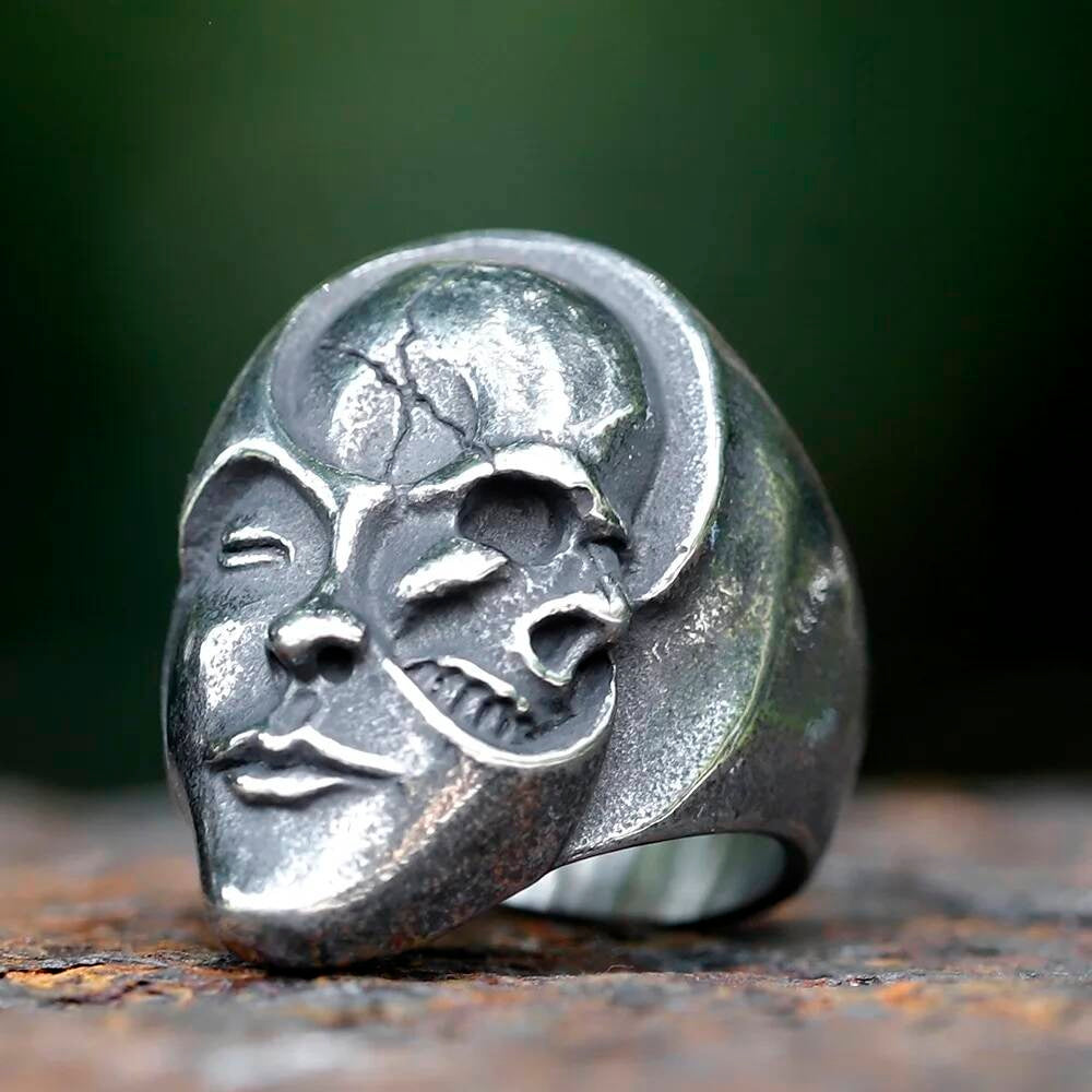 Yin Yang Skull Ring - Human Duality Stainless Steel Gothic Biker Jewelry