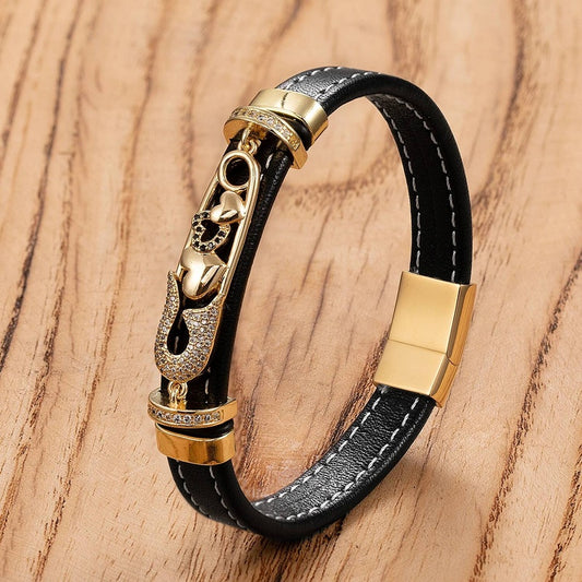 Trendy Leather Men Stainless Steel Pattern Design Braided Rope Bracelets Jewelry Fashion Gift For Him Style-A