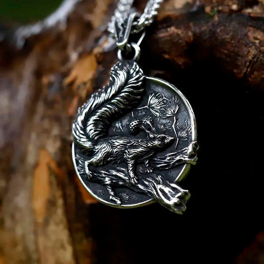 316L Stainless Steel Squirrel Tree Round Pendant Necklace Men Women