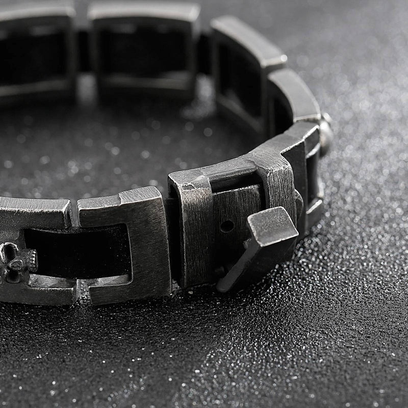 Mens Stainless Steel 316L Skull Link Chain Bracelet With Real Black Cowhide Leather