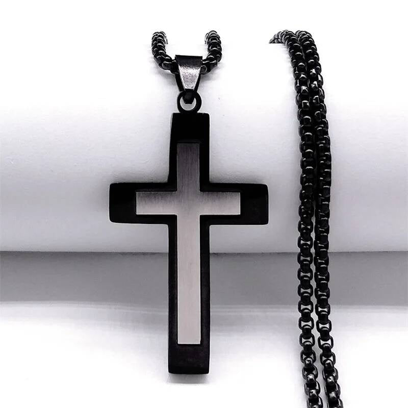 Stainless Steel Cross Pendant Chain Necklace For Men Christ Jesus Jewelry Catholic Crucifixes Rosaries Accessories Black