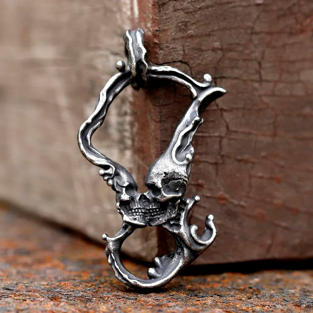 Double Skull Pendant Necklace – Gothic Skeleton Flames Jewelry
