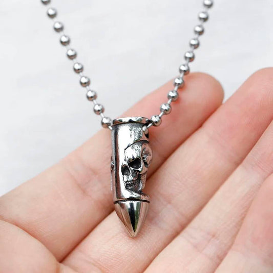 316L Stainless Steel Bullet Skull Pendant Necklace Gothic Biker Jewelry