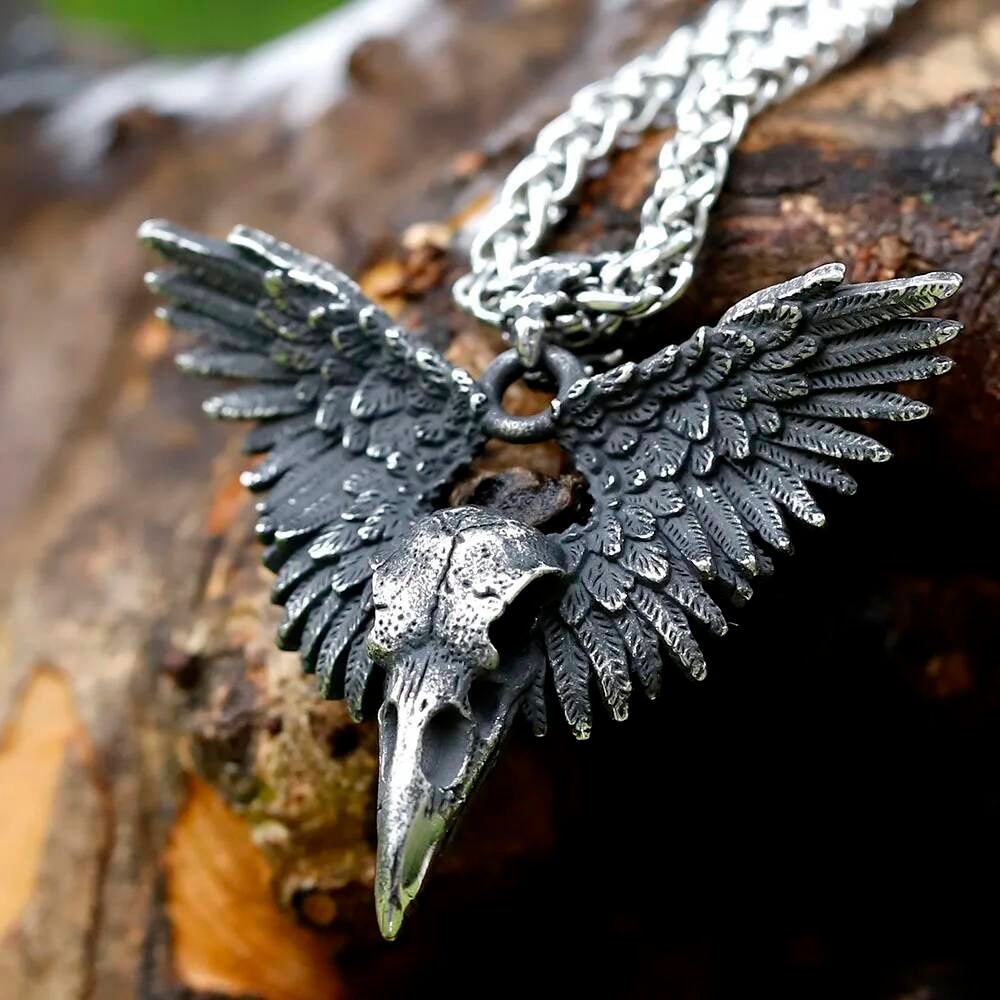 Bird Skull with Wings Pendant Necklace, Silver Gothic Jewelry with Intricate Design