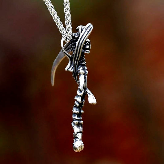 Scythe Pendant Necklace, Gothic Silver Jewelry with Grim Reaper Symbolism