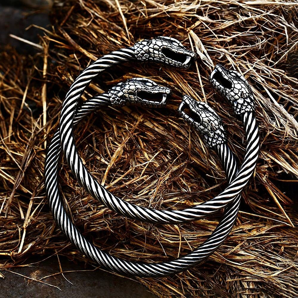 Viking Snake Head Bracelet – Twisted Stainless Steel Norse Bangle