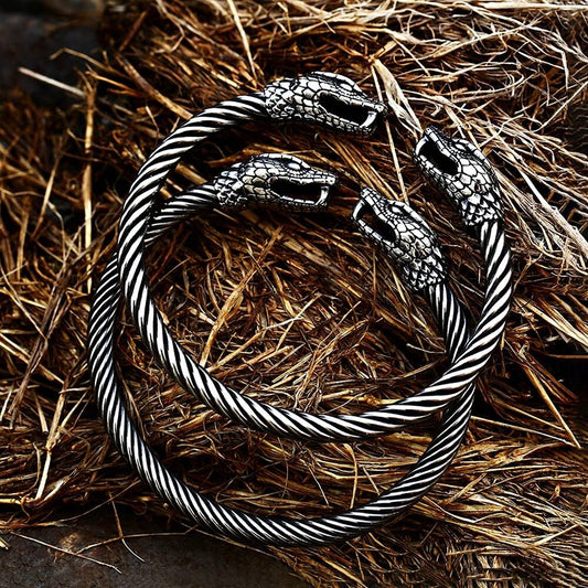 Viking Snake Head Bracelet – Twisted Stainless Steel Norse Bangle