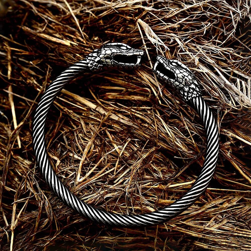 Viking Snake Head Bracelet – Twisted Stainless Steel Norse Bangle