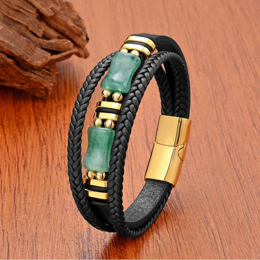 Men's Green Jade Leather Bracelet for Unique Gifts