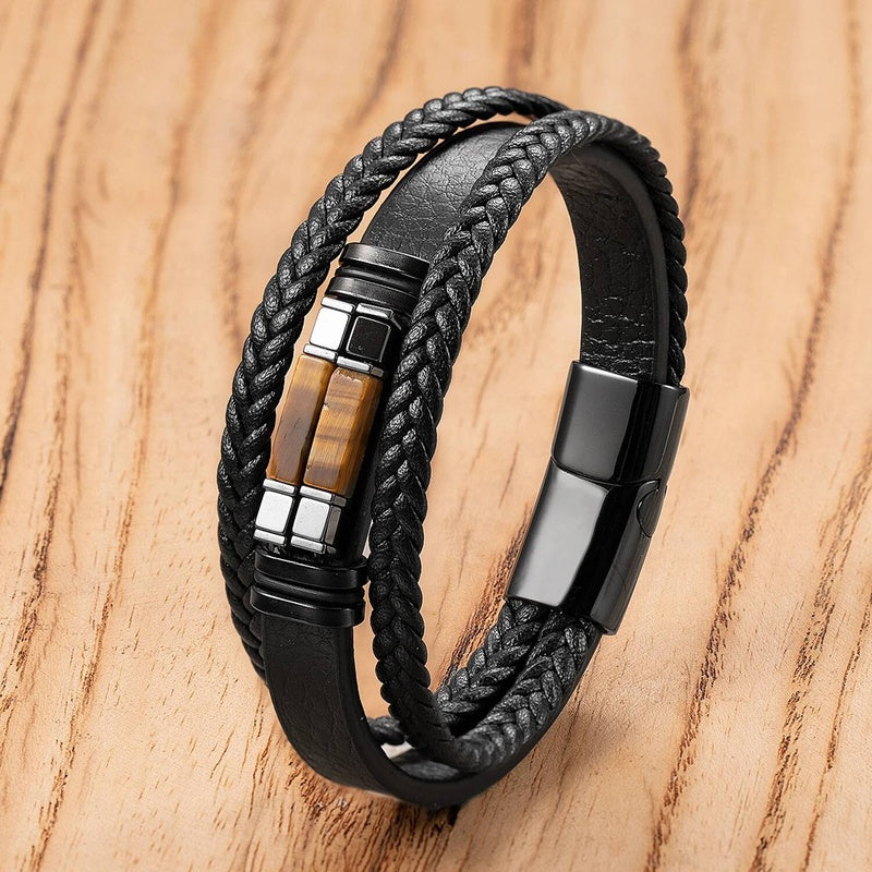 Black Braided Leather Bracelet with Green Jade Beads - Stylish Multi-Layer Magnetic Clasp Jewelry for Casual Wear and Gifts Style-I