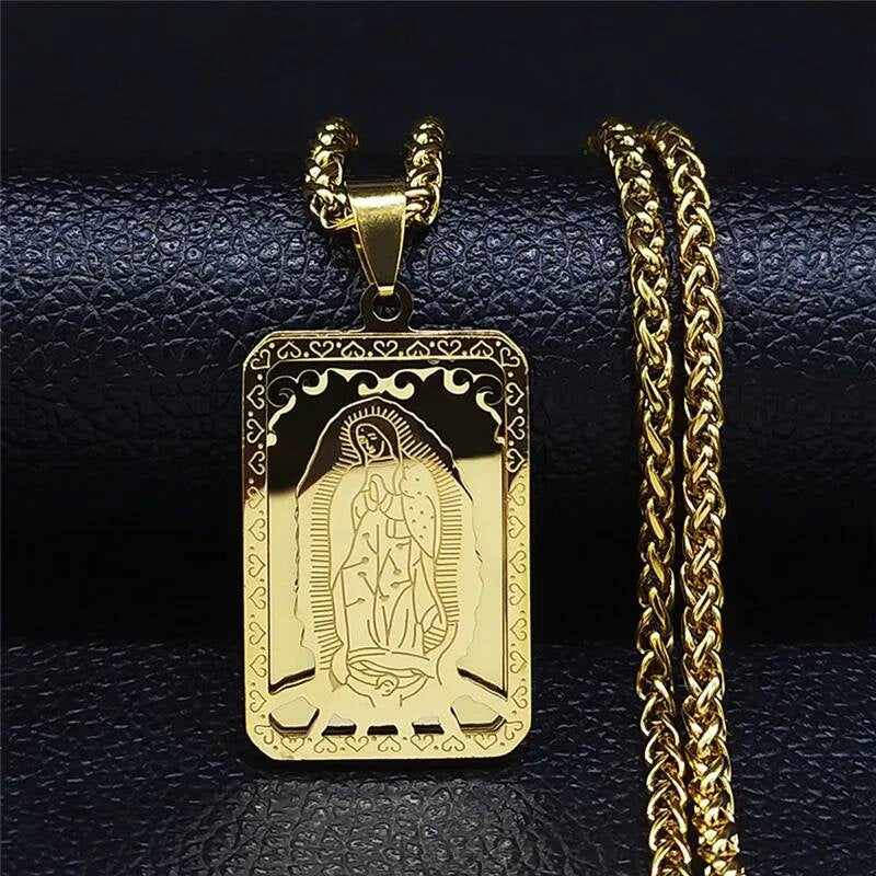 316L Stainless Steel Virgin Mary Medal Protect Necklace Pendant For Men Religion Rosary Jewelry Accessories Gold