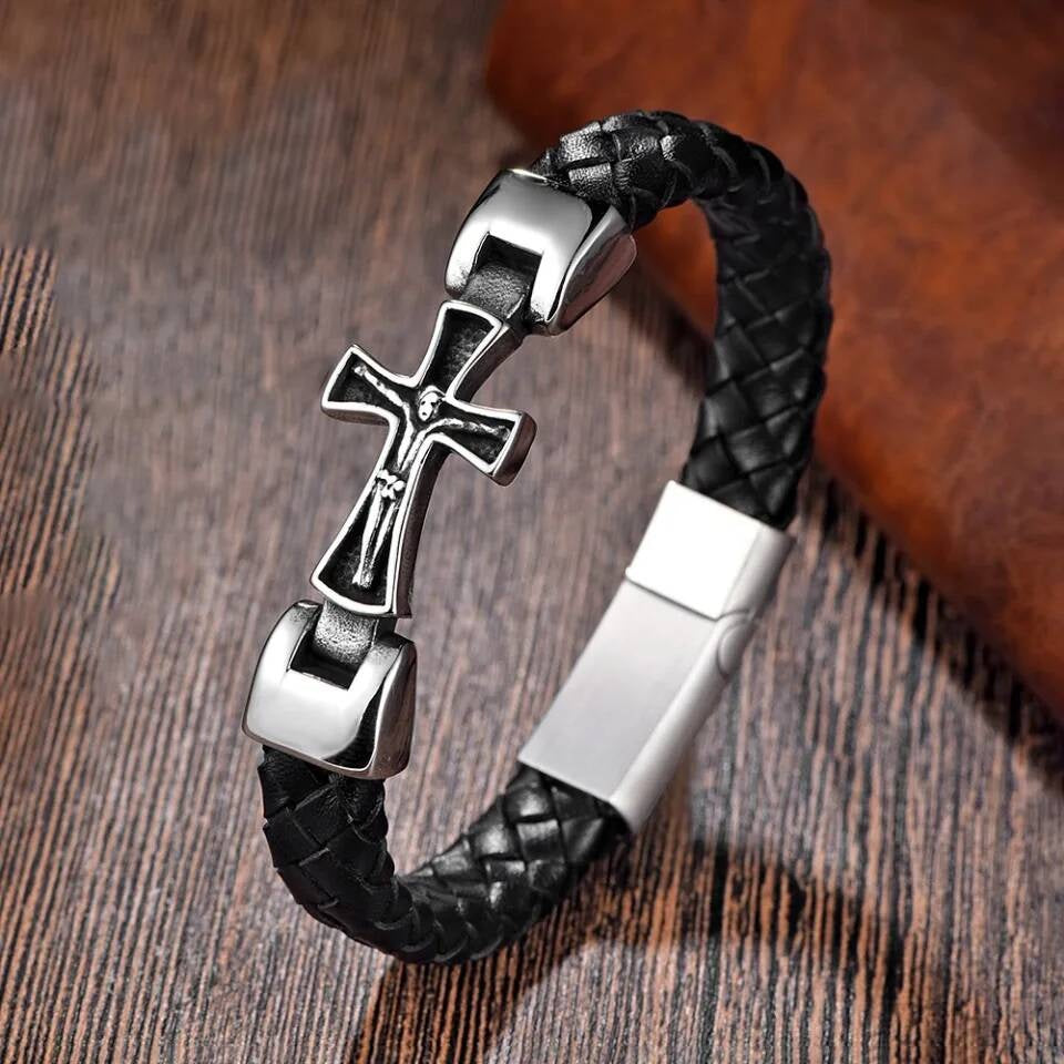 Men’s Leather Cross Bracelet – 316L Stainless Steel Christian Jewelry, Gothic Punk Wristband with Braided Strap