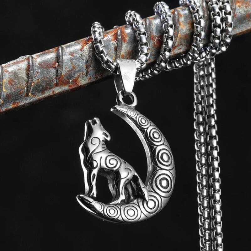 Howling Wolf and Moon Pendant Necklace, Tribal-Inspired Silver Jewelry with Spiraled Design