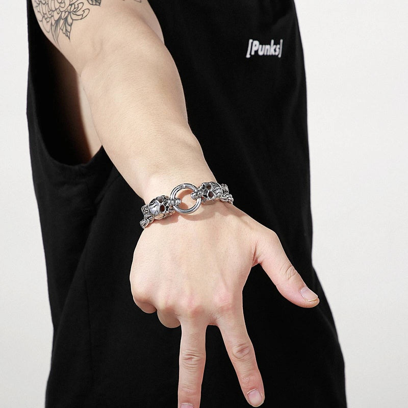 Punk Double Layer Chain Bracelet Men Stainless Steel Evil Skull Ghost Wristband Jewelry
