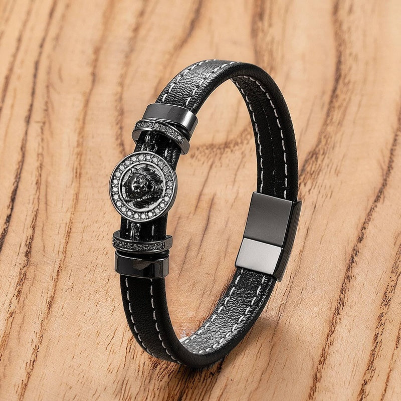3 Colors Men Leather Bracelet Stainless Steel Domineering Animal Lion Charm Fashion Punk Bracelets for Male Jewelry Gift Black