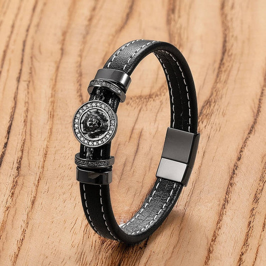 3 Colors Men Leather Bracelet Stainless Steel Domineering Animal Lion Charm Fashion Punk Bracelets for Male Jewelry Gift Black
