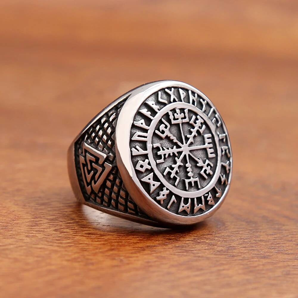 Vintage Viking Compass & Valknut Ring – 316L Stainless Steel Amulet Band