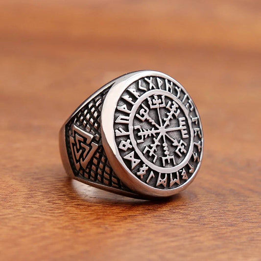 Vintage Viking Compass & Valknut Ring – 316L Stainless Steel Amulet Band