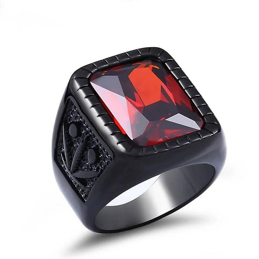 Black & Red Stone Vintage Rock Ring - Stainless Steel Gothic Statement Jewelry