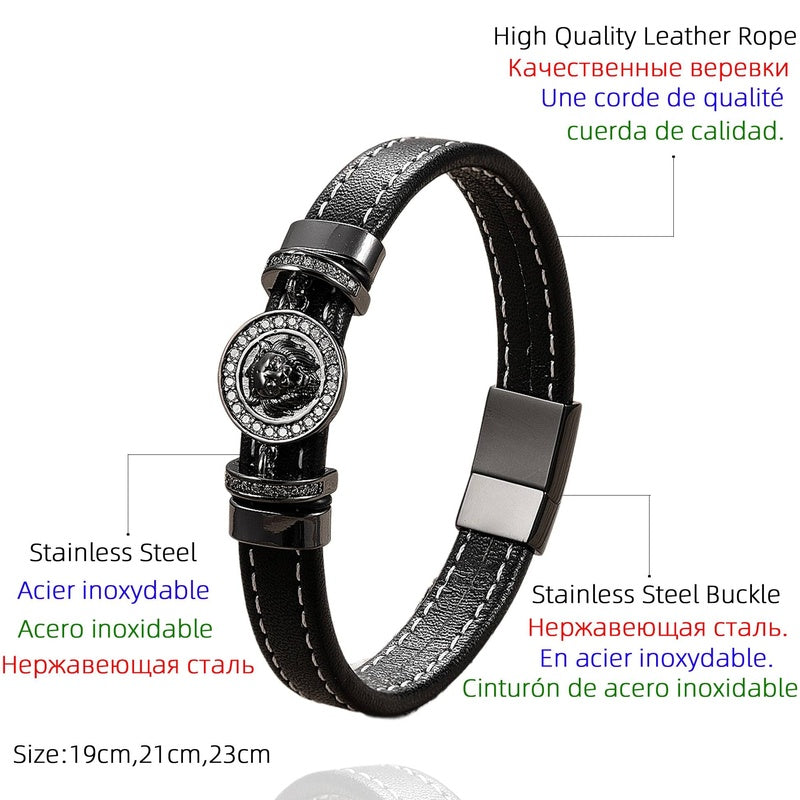 3 Colors Men Leather Bracelet Stainless Steel Domineering Animal Lion Charm Fashion Punk Bracelets for Male Jewelry Gift