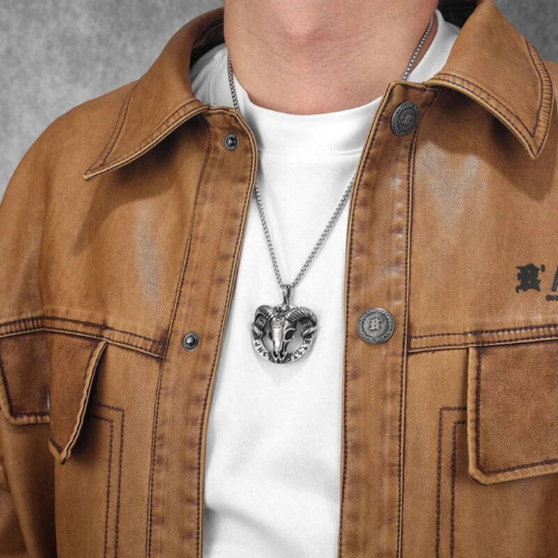 Viking Ram Skull Pendant Necklace – 316L Stainless Steel Norse Valknut Amulet with Runes