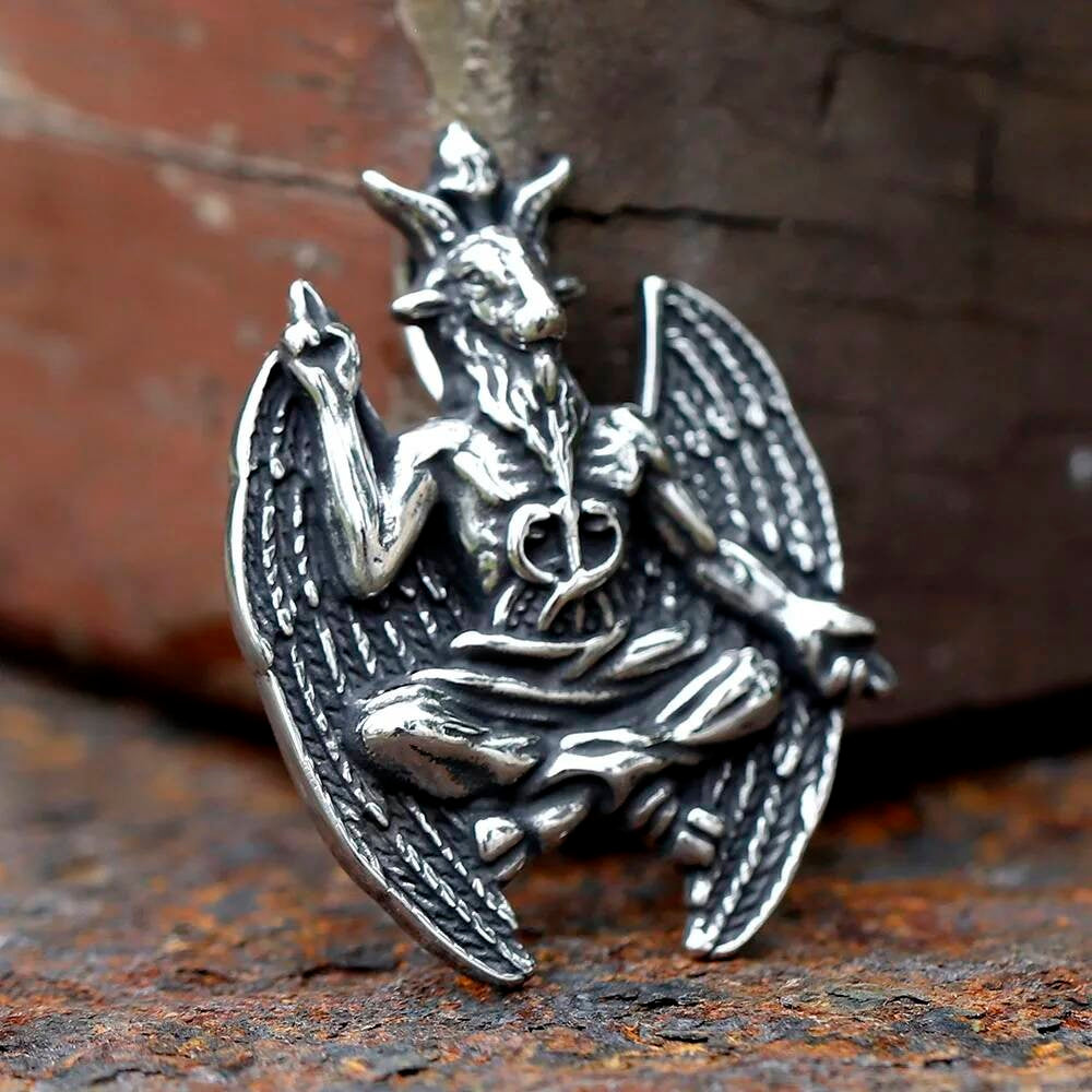 Baphomet Pendant Necklace, Silver Gothic Jewelry with Winged Goat Design
