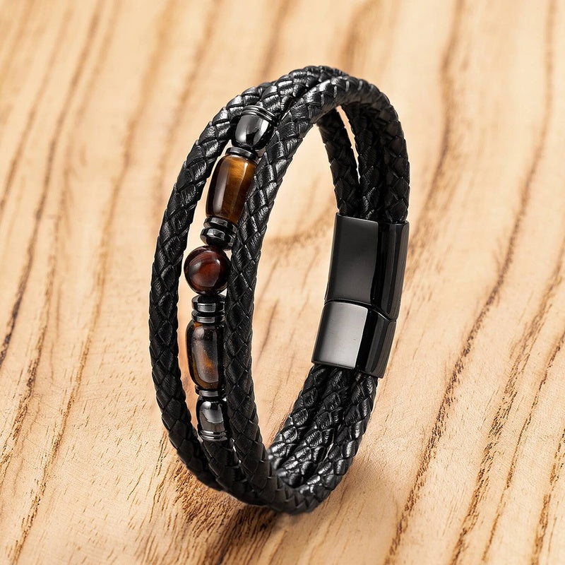Black Braided Leather Bracelet with Green Jade Beads - Stylish Multi-Layer Magnetic Clasp Jewelry for Casual Wear and Gifts Style-B