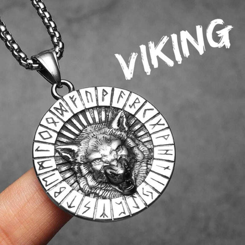 316L Stainless Steel Viking Wolf Rune Pendant Necklace – Norse Fenrir Amulet N1504-60cm chain