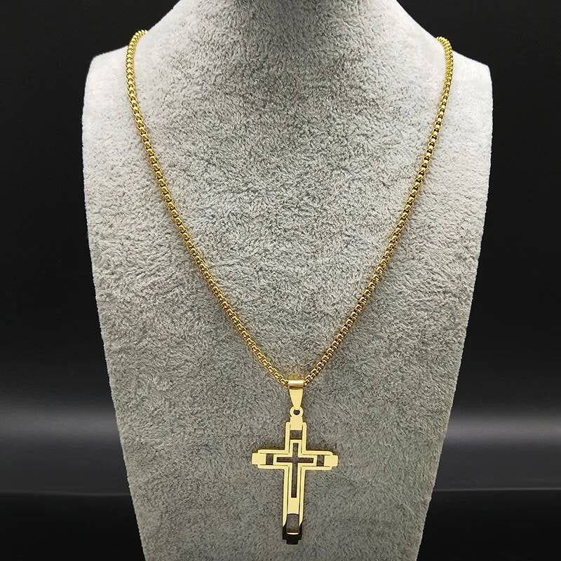 Stainless Steel Hollow Cross Necklace Chain Pendant For Men Women Religion Jewelry Accessories
