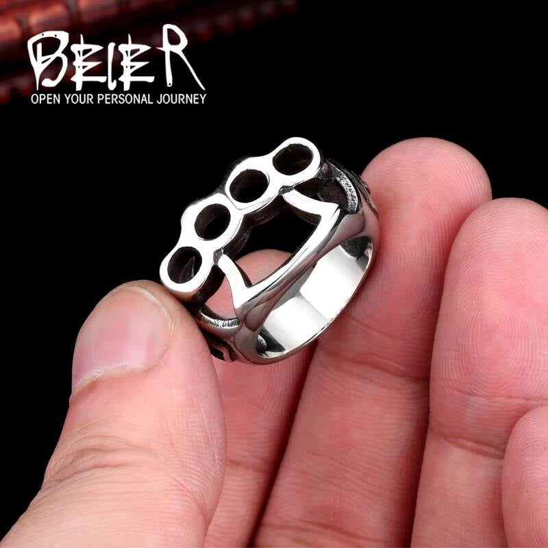 Brass Knuckle Skull Ring – Stainless Steel Biker Punk Streetwear Jewelry