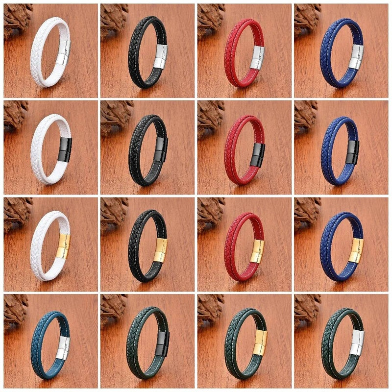 Vintage Men Europe and America Stainless Steel Magnet Open Bangle Multi-Size Woven Leather Hand Rope Classic Party Gift Present