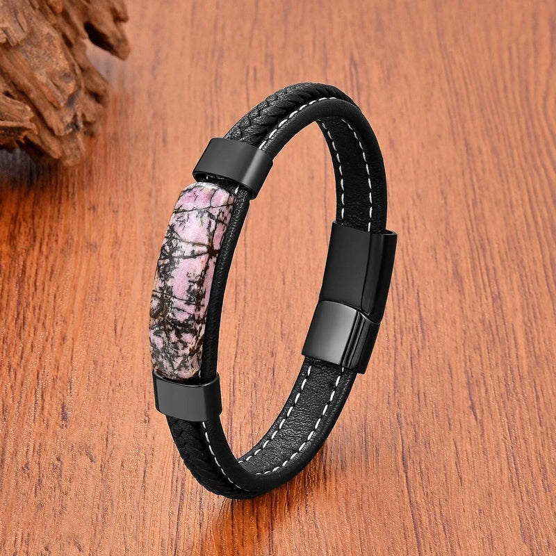 Fashion Geometric Shape Onyx Stone Bracelets Ladies Black Multilayer Leather Rope Men Bracelet Stainless Steel Jewelry Wholesale Black-E