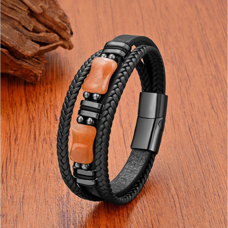 Men's Green Jade Leather Bracelet for Unique Gifts Orange Stone-Black
