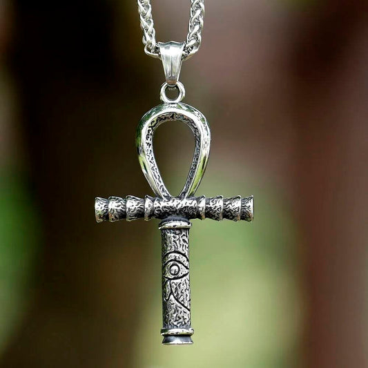 Egyptian Ankh Pendant Necklace - Stainless Steel Ankh Cross with Eye of Horus Symbol