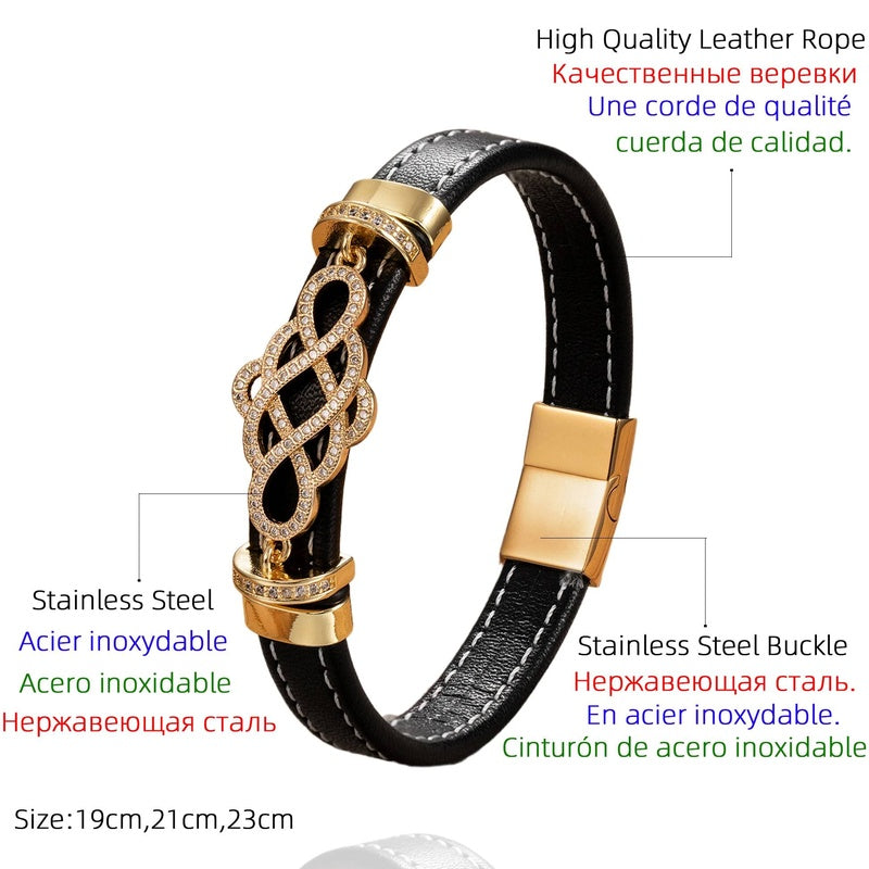 Trendy Leather Men Stainless Steel Pattern Design Braided Rope Bracelets Jewelry Fashion Gift For Him
