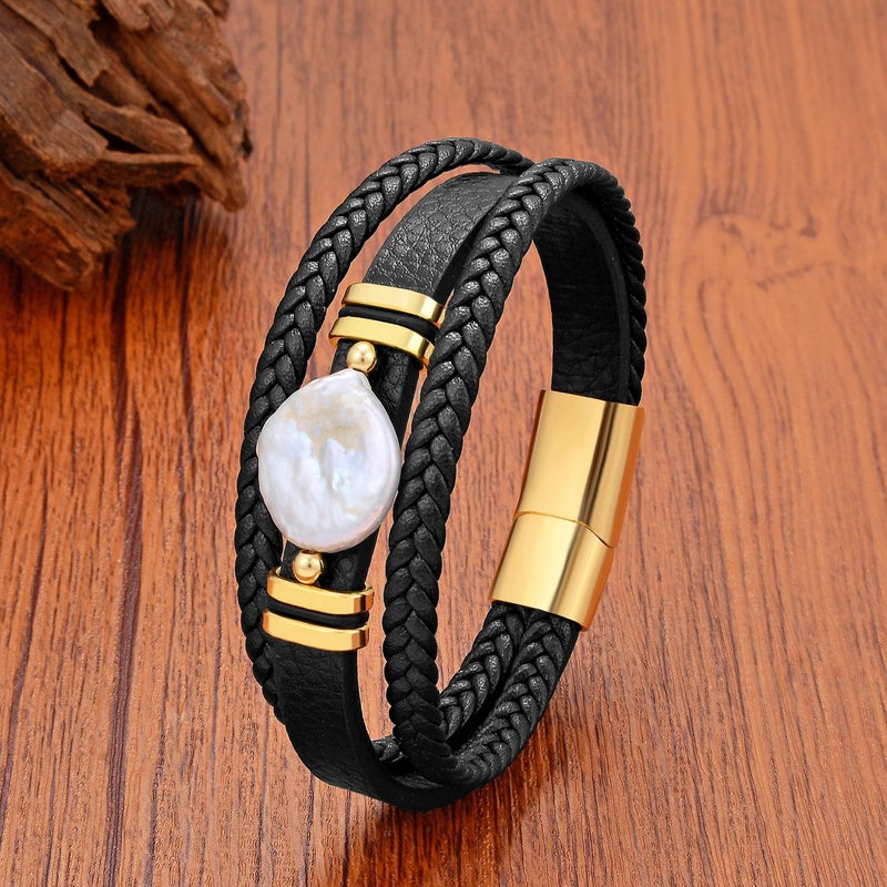 Natural Irregular Freshwater Pearl Bracelet for Woman Charm Multilayer Leather Bangles Man Stainless Steel Wristband Jewelry Gold Metal