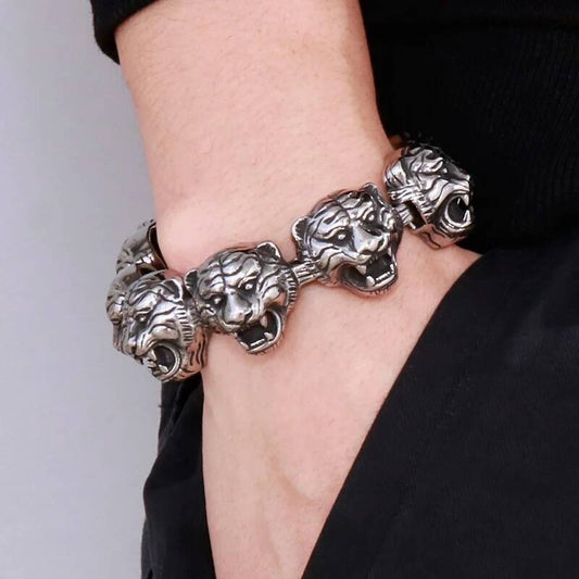 Tiger Charm Bracelet Men Stainless Steel 316L Animal Bone Bangle