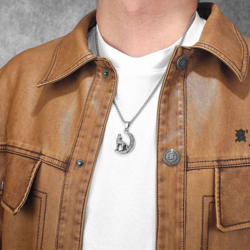 Howling Wolf and Moon Pendant Necklace, Tribal-Inspired Silver Jewelry with Spiraled Design