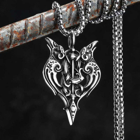 Viking Double Dragon Axe Pendant – Norse Stainless Steel Warrior Necklace