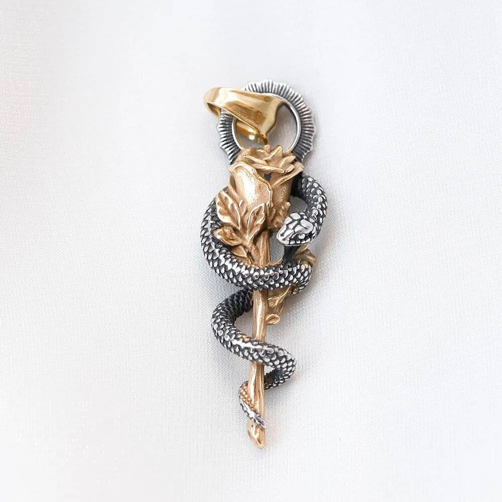 Rose and Serpent Pendant – Gothic Snake Wrapped Flower Necklace in Stainless Steel