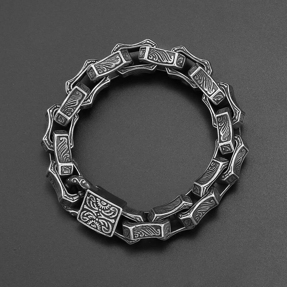 Men’s Gothic Chain Bracelet – 316L Stainless Steel Vintage Carved Link Wristband, Heavy Duty Punk Biker Jewelry