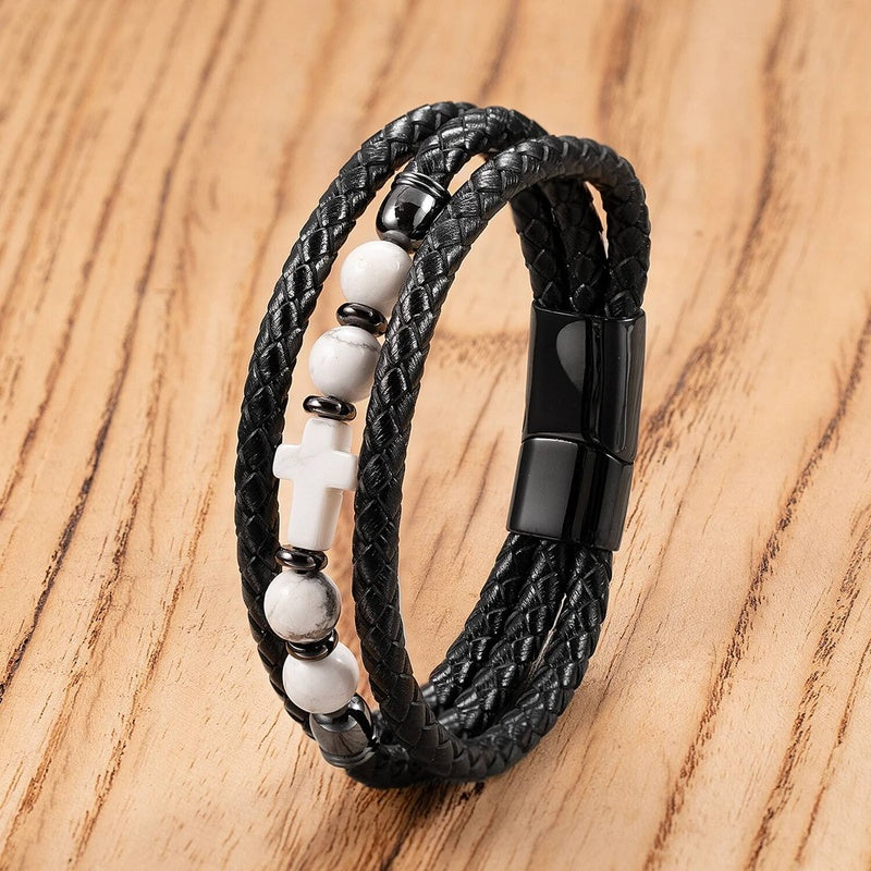 Black Braided Leather Bracelet with Green Jade Beads - Stylish Multi-Layer Magnetic Clasp Jewelry for Casual Wear and Gifts Style-B